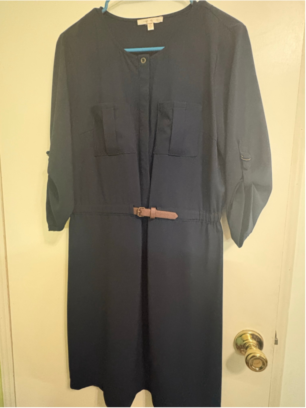 Women's Skies Are Blue Navy Long Sleeve Dress with Brown Belt M